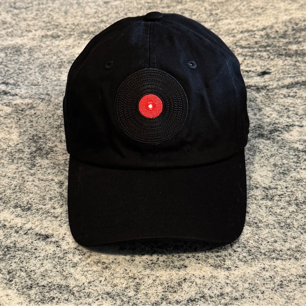 New Custom Designed Black Distressed Baseball Cap with Black & Red Vinyl Album